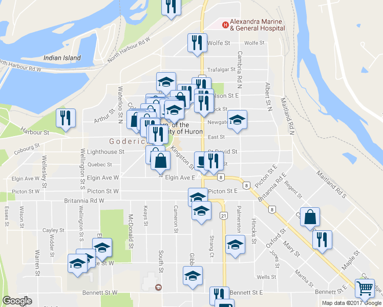 map of restaurants, bars, coffee shops, grocery stores, and more near 54 Saint David Street in Goderich