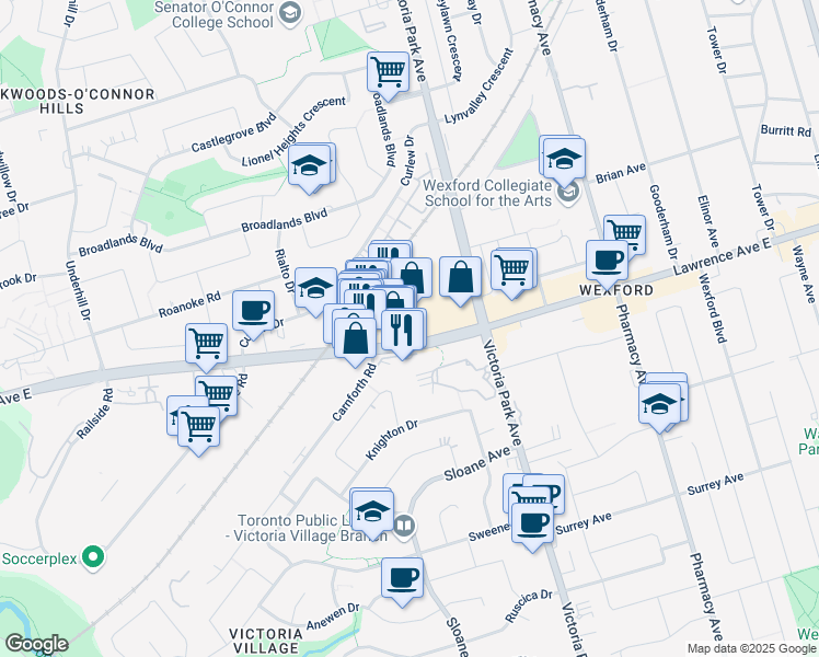 map of restaurants, bars, coffee shops, grocery stores, and more near 1436 Lawrence Avenue West in Toronto
