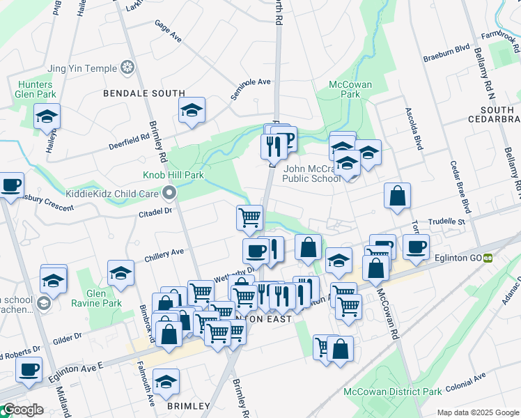 map of restaurants, bars, coffee shops, grocery stores, and more near in Toronto