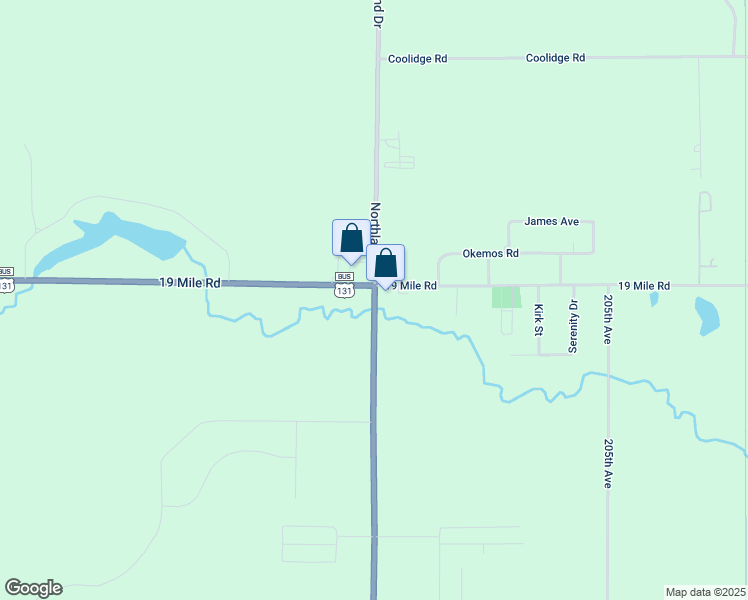 map of restaurants, bars, coffee shops, grocery stores, and more near 18910 Northland Drive in Big Rapids