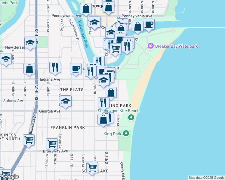 map of restaurants, bars, coffee shops, grocery stores, and more near 1217 South 8th Street in Sheboygan
