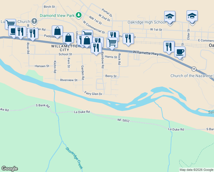 map of restaurants, bars, coffee shops, grocery stores, and more near 47757 Fairyglen Drive in Oakridge