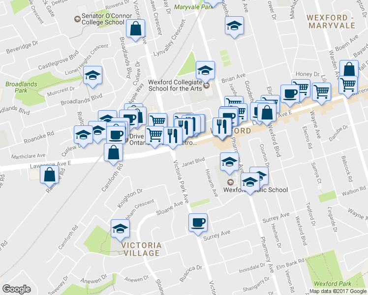 map of restaurants, bars, coffee shops, grocery stores, and more near 1725 Lawrence Avenue East in Toronto