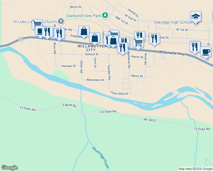 map of restaurants, bars, coffee shops, grocery stores, and more near 76248 Garden Road in Oakridge