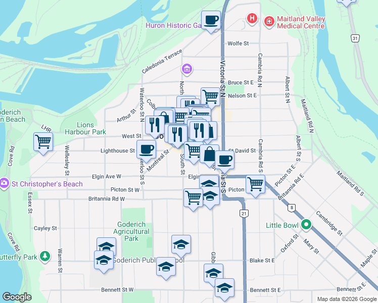 map of restaurants, bars, coffee shops, grocery stores, and more near 92 Courthouse Square in Goderich