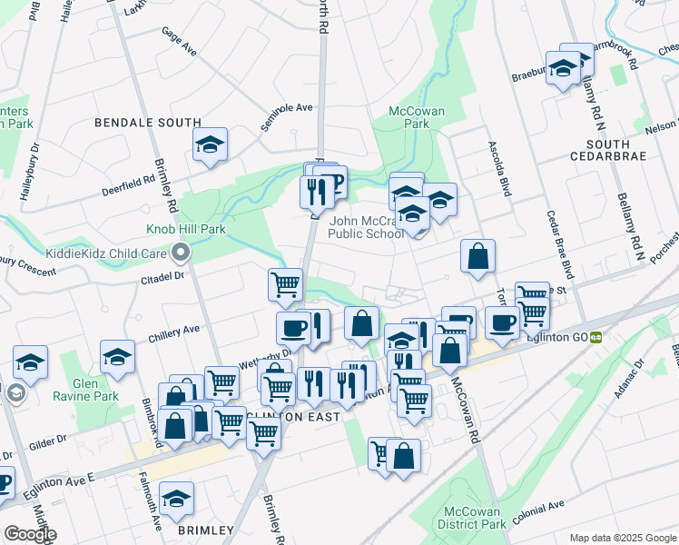 map of restaurants, bars, coffee shops, grocery stores, and more near 39 Pringdale Gardens Circle in Toronto