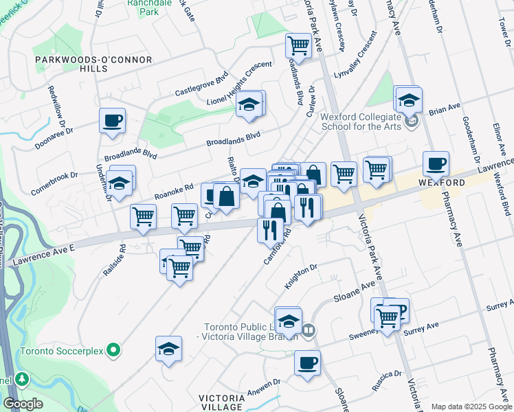 map of restaurants, bars, coffee shops, grocery stores, and more near 81 Curlew Drive in Toronto