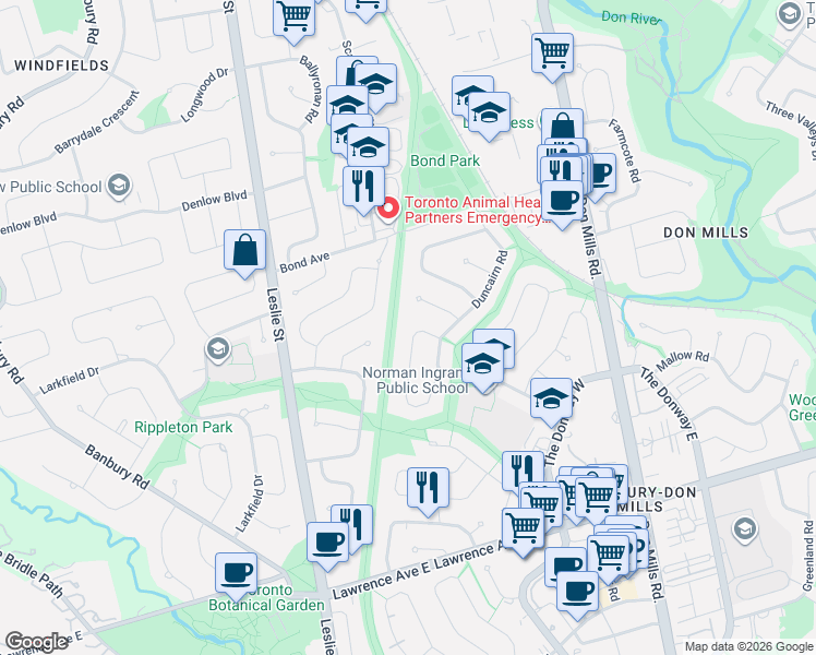 map of restaurants, bars, coffee shops, grocery stores, and more near 55 Hemford Crescent in Toronto