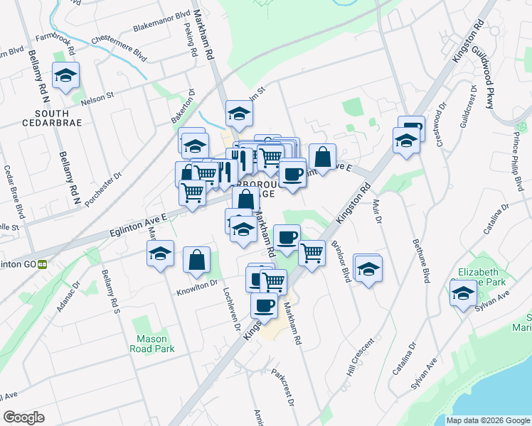map of restaurants, bars, coffee shops, grocery stores, and more near in Toronto