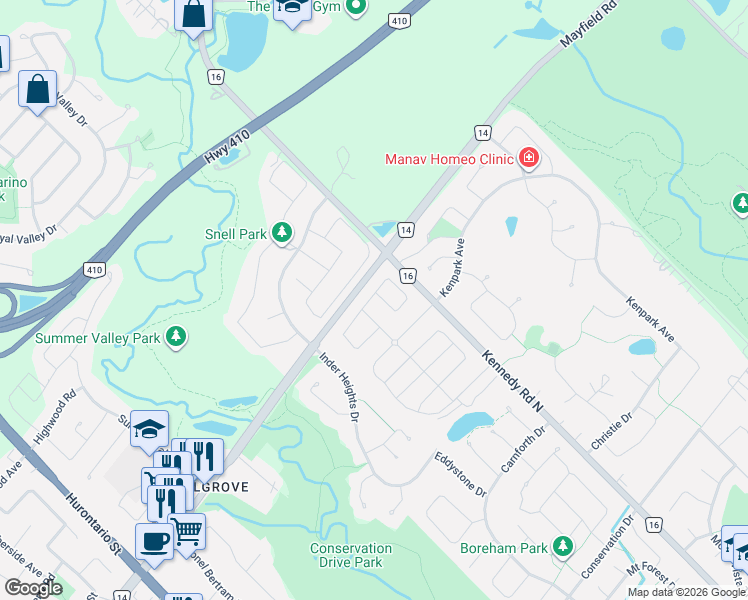 map of restaurants, bars, coffee shops, grocery stores, and more near 215 Hayrake Street in Brampton