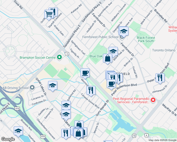 map of restaurants, bars, coffee shops, grocery stores, and more near 111 Chipmunk Crescent in Brampton