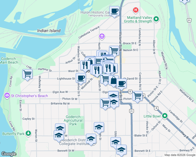 map of restaurants, bars, coffee shops, grocery stores, and more near 80 Courthouse Square in Goderich