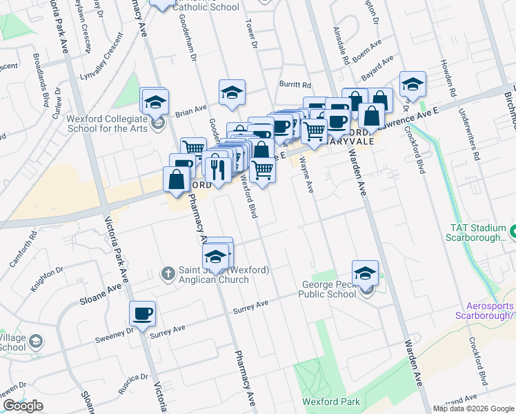 map of restaurants, bars, coffee shops, grocery stores, and more near 101 Wexford Boulevard in Toronto