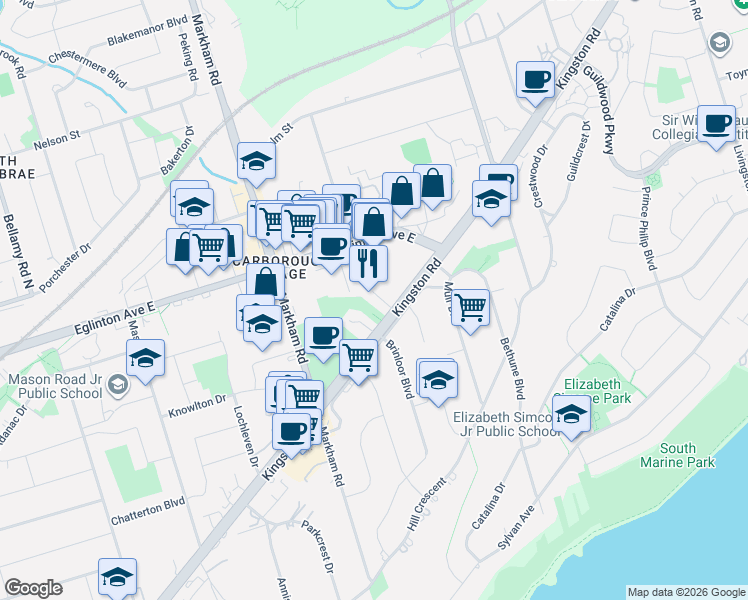 map of restaurants, bars, coffee shops, grocery stores, and more near 3650 Kingston Road in Toronto