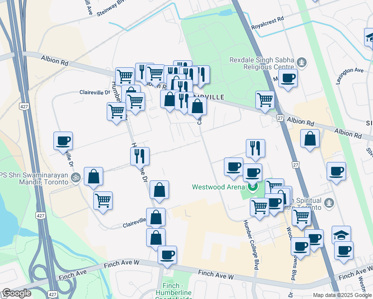map of restaurants, bars, coffee shops, grocery stores, and more near 173 Carrier Drive in Toronto