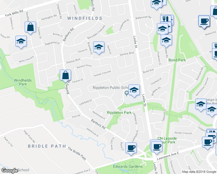 map of restaurants, bars, coffee shops, grocery stores, and more near 7 Winchfield Place in Toronto