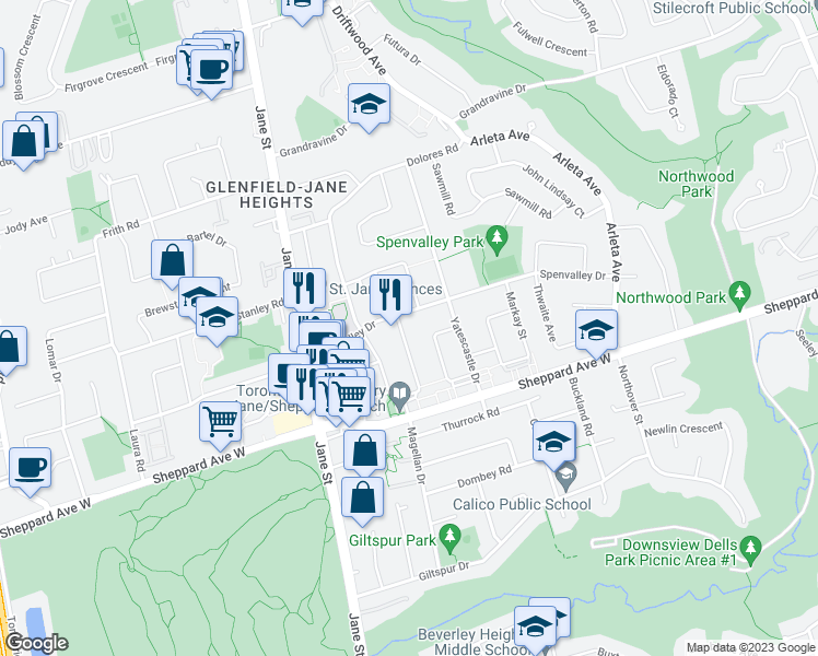 map of restaurants, bars, coffee shops, grocery stores, and more near 7 Whitbread Crescent in Toronto