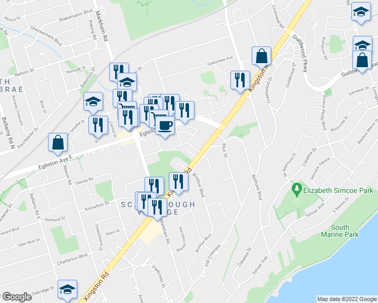 map of restaurants, bars, coffee shops, grocery stores, and more near 3650 Kingston Road in Toronto