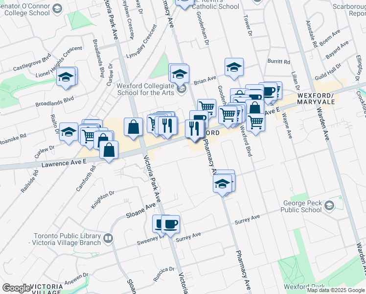 map of restaurants, bars, coffee shops, grocery stores, and more near in Toronto