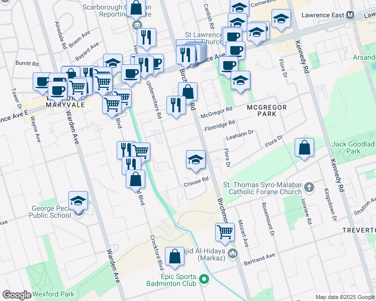 map of restaurants, bars, coffee shops, grocery stores, and more near 1190 Birchmount Road in Toronto