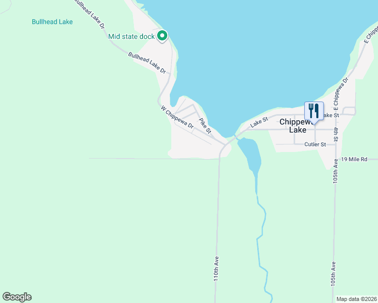 map of restaurants, bars, coffee shops, grocery stores, and more near 11130 19 Mile Road in Chippewa Lake