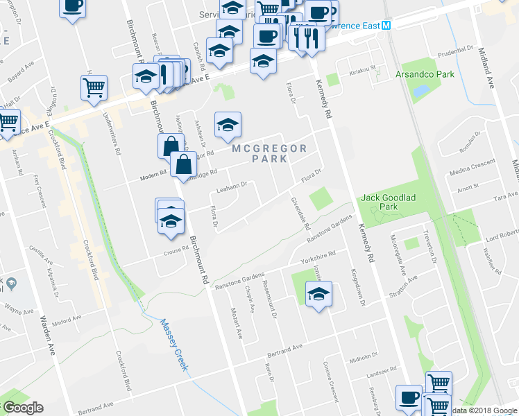 map of restaurants, bars, coffee shops, grocery stores, and more near 73 Flora Drive in Toronto