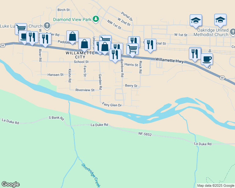 map of restaurants, bars, coffee shops, grocery stores, and more near 47734 Christel Lane in Oakridge