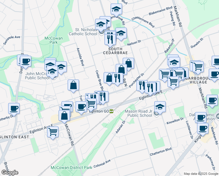 map of restaurants, bars, coffee shops, grocery stores, and more near 126 Bellamy Road North in Toronto