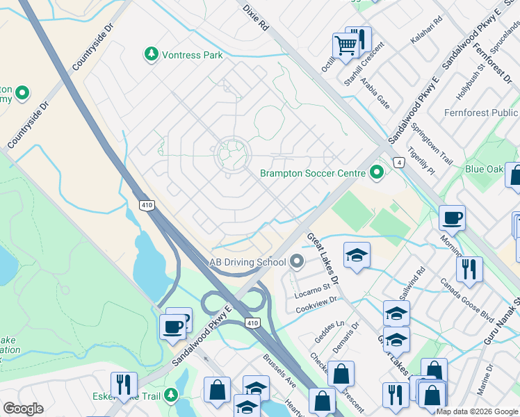 map of restaurants, bars, coffee shops, grocery stores, and more near 11 Overlea Drive in Brampton