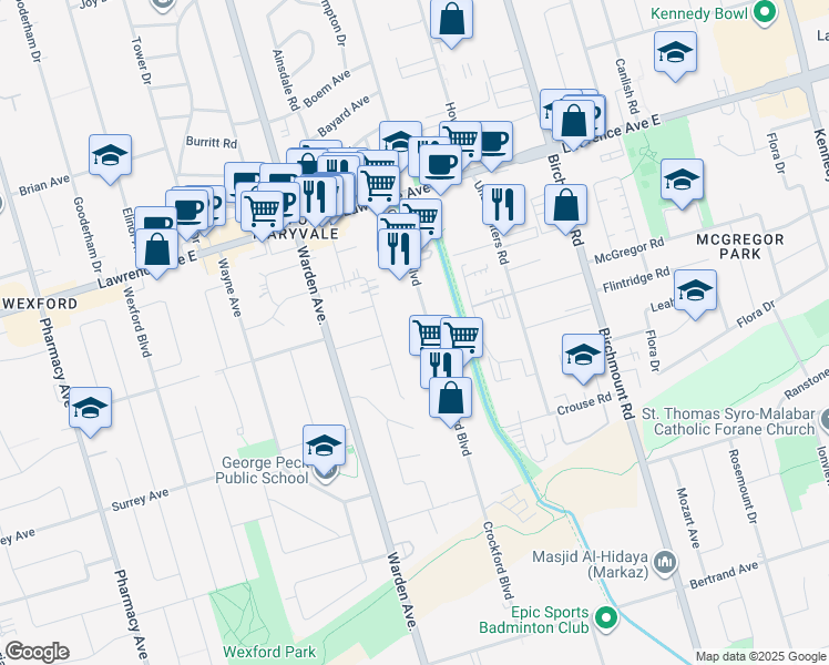 map of restaurants, bars, coffee shops, grocery stores, and more near 88 Crockford Boulevard in Toronto