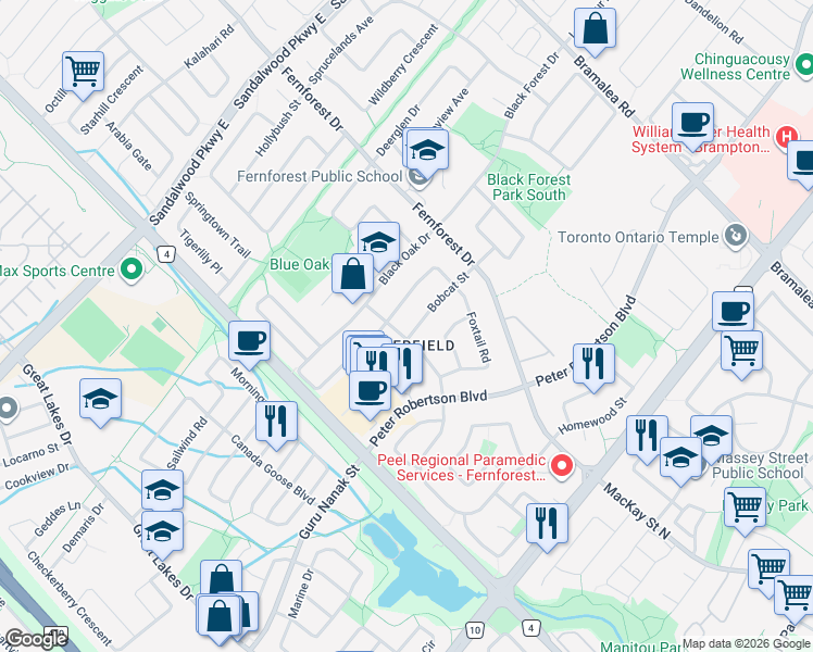 map of restaurants, bars, coffee shops, grocery stores, and more near 39 Bobcat Street in Brampton