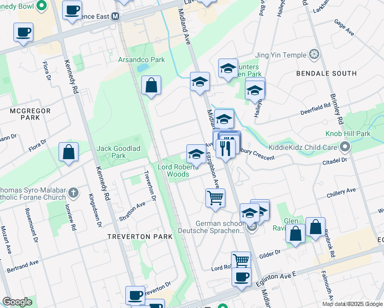 map of restaurants, bars, coffee shops, grocery stores, and more near in Toronto