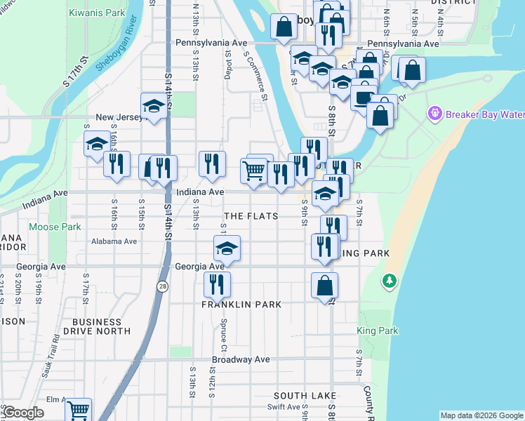 map of restaurants, bars, coffee shops, grocery stores, and more near 1017 Indiana Avenue in Sheboygan