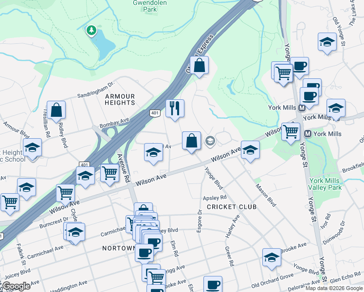 map of restaurants, bars, coffee shops, grocery stores, and more near 5 Delhi Avenue in Toronto