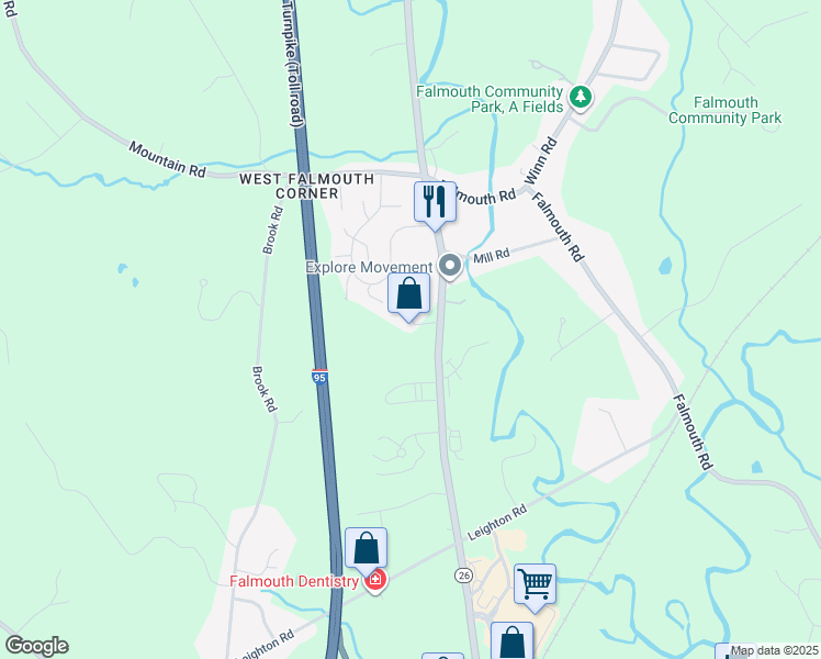 map of restaurants, bars, coffee shops, grocery stores, and more near 124 Gray Road in Falmouth