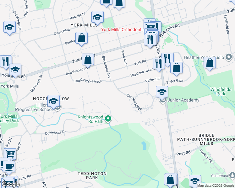 map of restaurants, bars, coffee shops, grocery stores, and more near 23 Bayview Ridge in Toronto