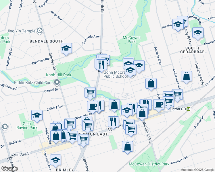 map of restaurants, bars, coffee shops, grocery stores, and more near 36 Pringdale Gardens Circle in Toronto