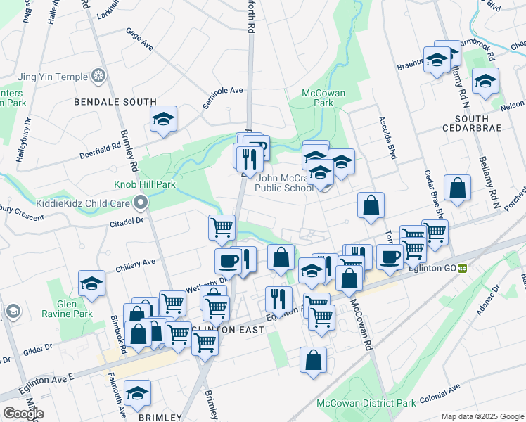 map of restaurants, bars, coffee shops, grocery stores, and more near 34 Pringdale Gardens Circle in Toronto