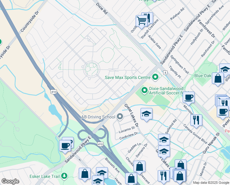 map of restaurants, bars, coffee shops, grocery stores, and more near 37 Golf Links Drive in Brampton