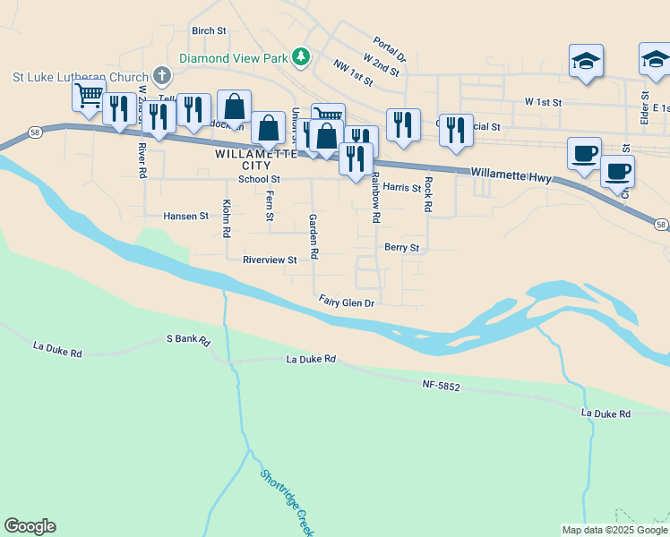 map of restaurants, bars, coffee shops, grocery stores, and more near 47693 Beaver Street in Oakridge