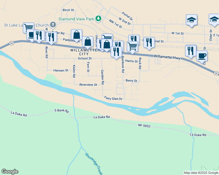 map of restaurants, bars, coffee shops, grocery stores, and more near 47691 Beaver Street in Oakridge