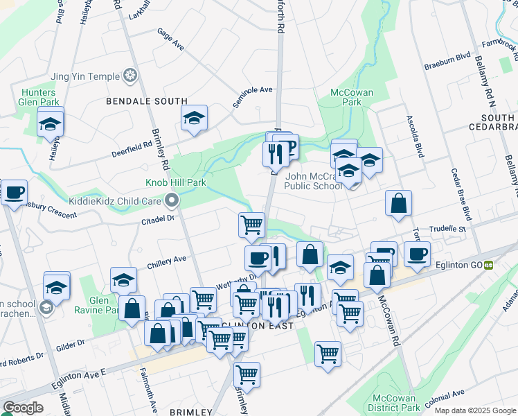 map of restaurants, bars, coffee shops, grocery stores, and more near 1320 Danforth Road in Toronto