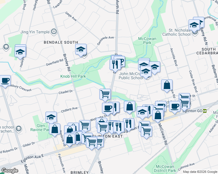map of restaurants, bars, coffee shops, grocery stores, and more near 1320 Danforth Road in Toronto