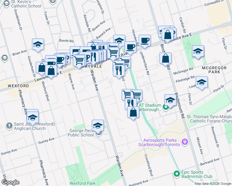 map of restaurants, bars, coffee shops, grocery stores, and more near 39 Frey Crescent in Toronto