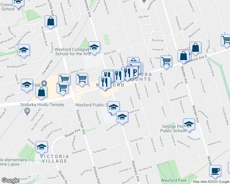 map of restaurants, bars, coffee shops, grocery stores, and more near in Toronto