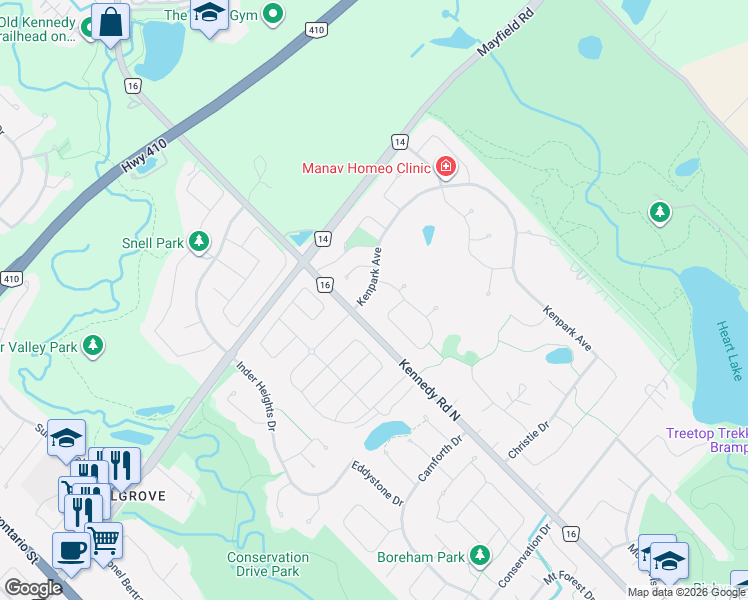 map of restaurants, bars, coffee shops, grocery stores, and more near 7 Kenpark Avenue in Brampton