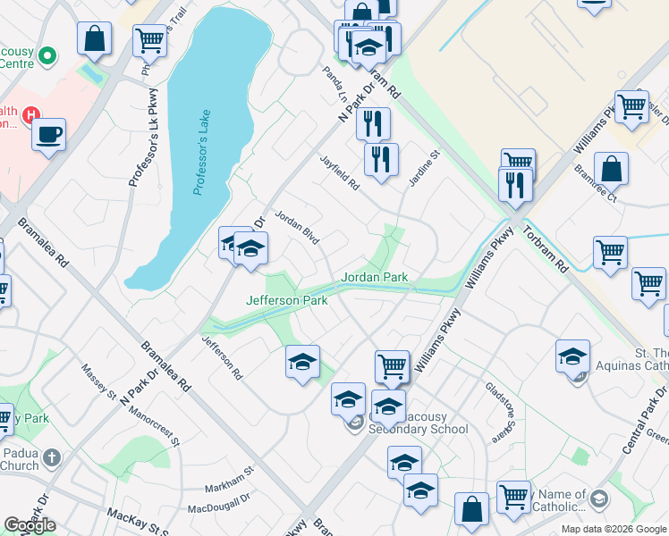 map of restaurants, bars, coffee shops, grocery stores, and more near 2 Joshua Court in Brampton