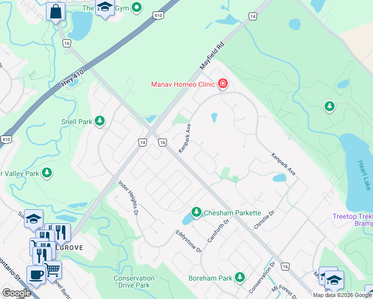 map of restaurants, bars, coffee shops, grocery stores, and more near 7 Kenpark Avenue in Brampton