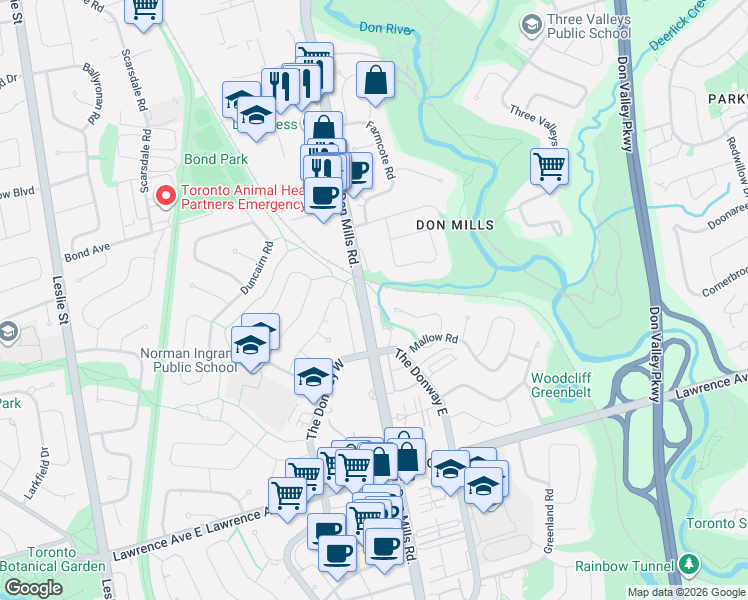 map of restaurants, bars, coffee shops, grocery stores, and more near 21 Birchbank Lane in Toronto