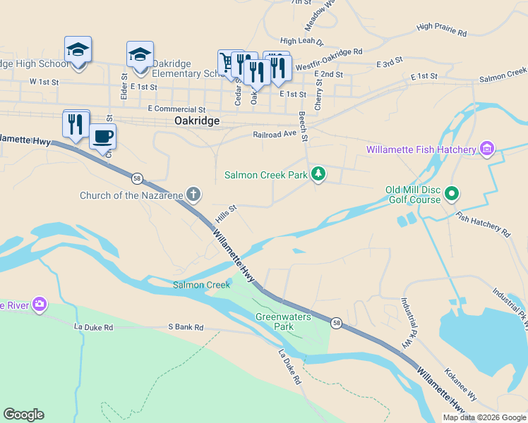 map of restaurants, bars, coffee shops, grocery stores, and more near 48294 Hills Street in Oakridge